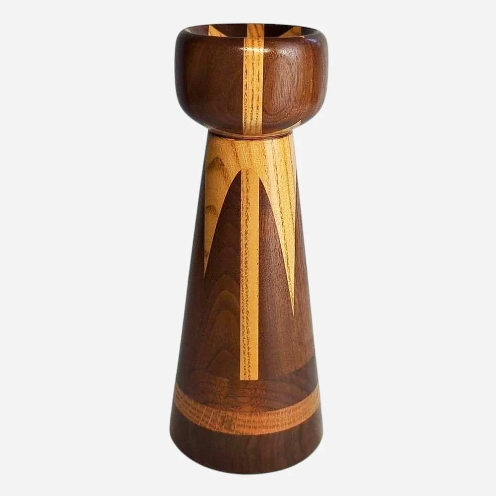 Vintage 1970s Hand Turned Multi-Wood Inlay Candlestick Taper Holder 10 Inch